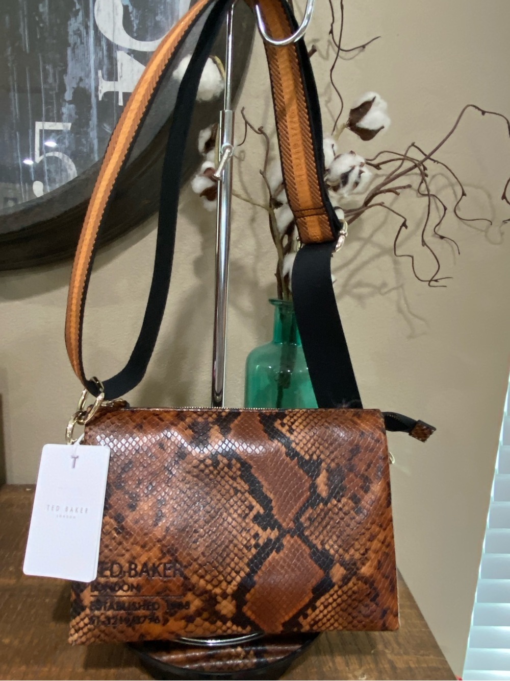 Ted Baker Brown Snake-Print Leather Crossbody with Adjustable Strap, new!